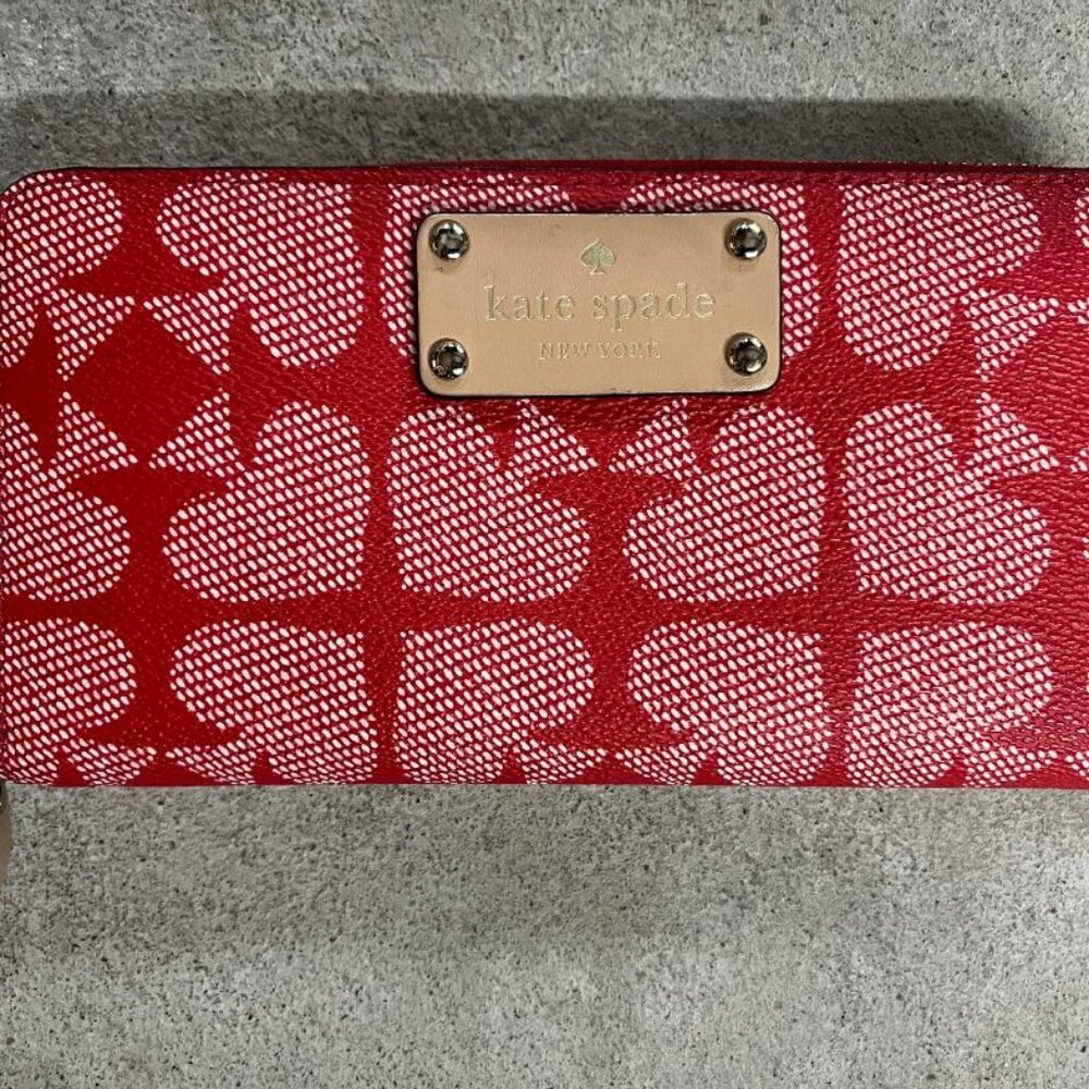 KATE SPADE New York Red Saffiano Spade Print 8" Zip Around Wallet